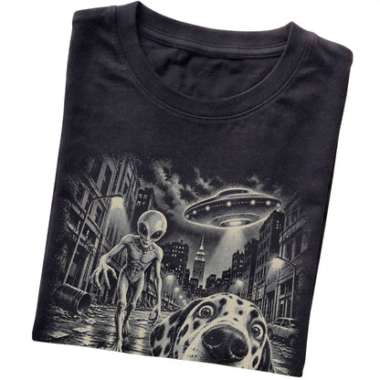 Dalmatian Alien Selfie Gildan Softstyle T-Shirt in Black, folded view