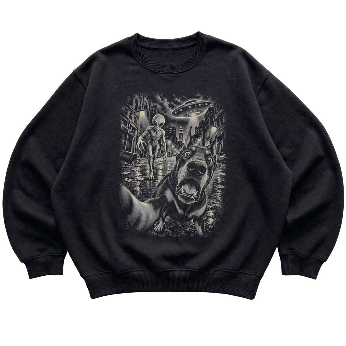Doberman Alien Selfie Gildan Crewneck Sweatshirt in Black, flat view