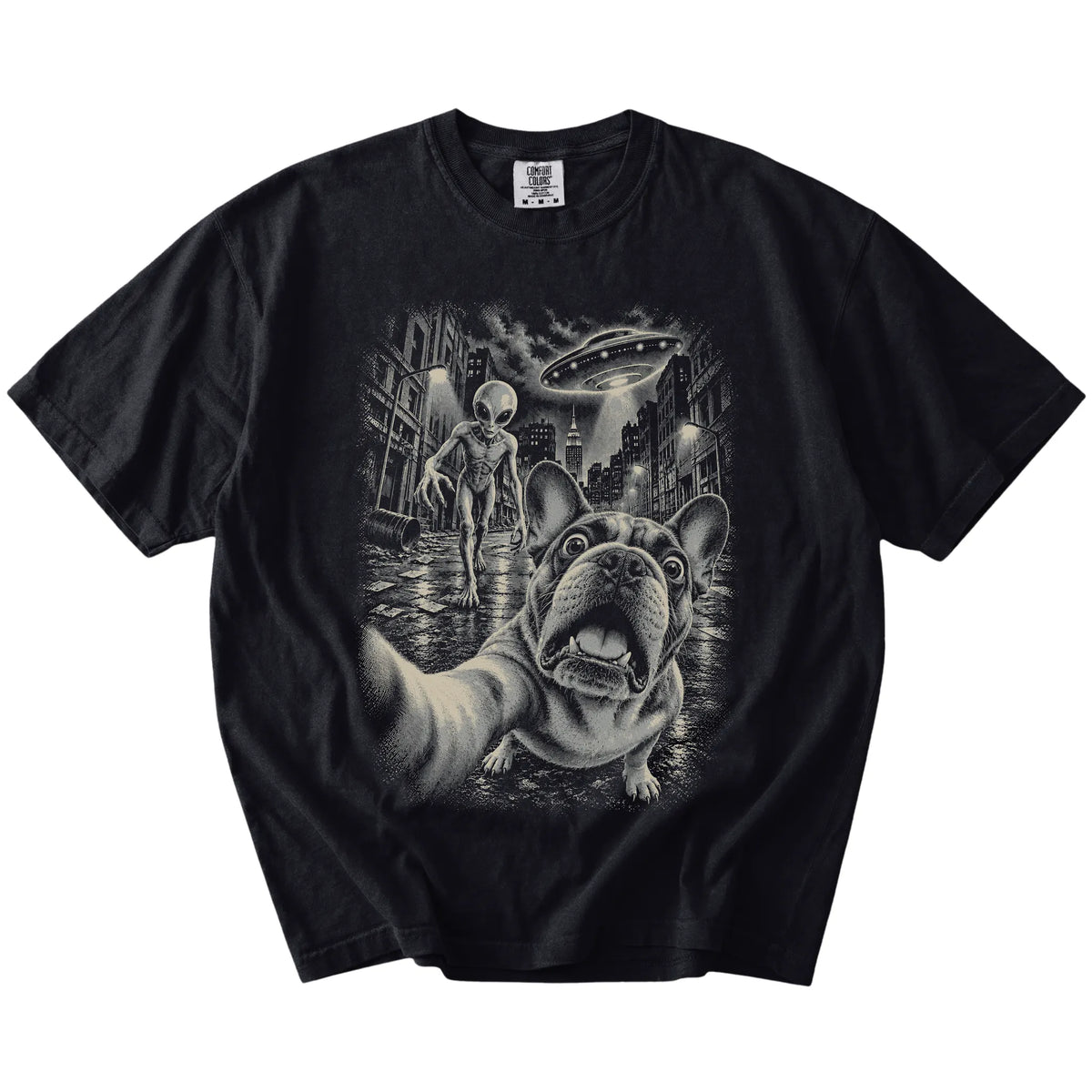 French Bulldog Alien Selfie Comfort Colors T-Shirt in Black, flat view