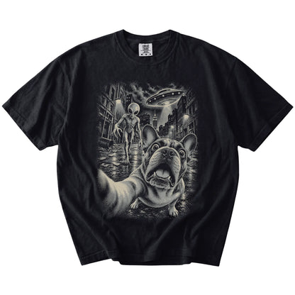 French Bulldog Alien Selfie Comfort Colors T-Shirt in Black, flat view