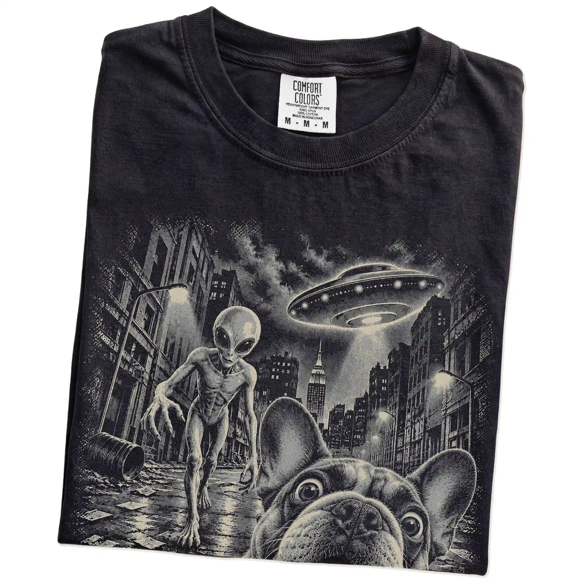 French Bulldog Alien Selfie Comfort Colors T-Shirt in Black, folded view