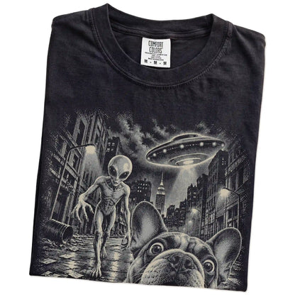 French Bulldog Alien Selfie Comfort Colors T-Shirt in Black, folded view