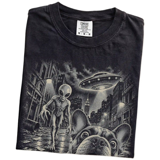 French Bulldog Alien Selfie Comfort Colors T-Shirt in Black, folded view