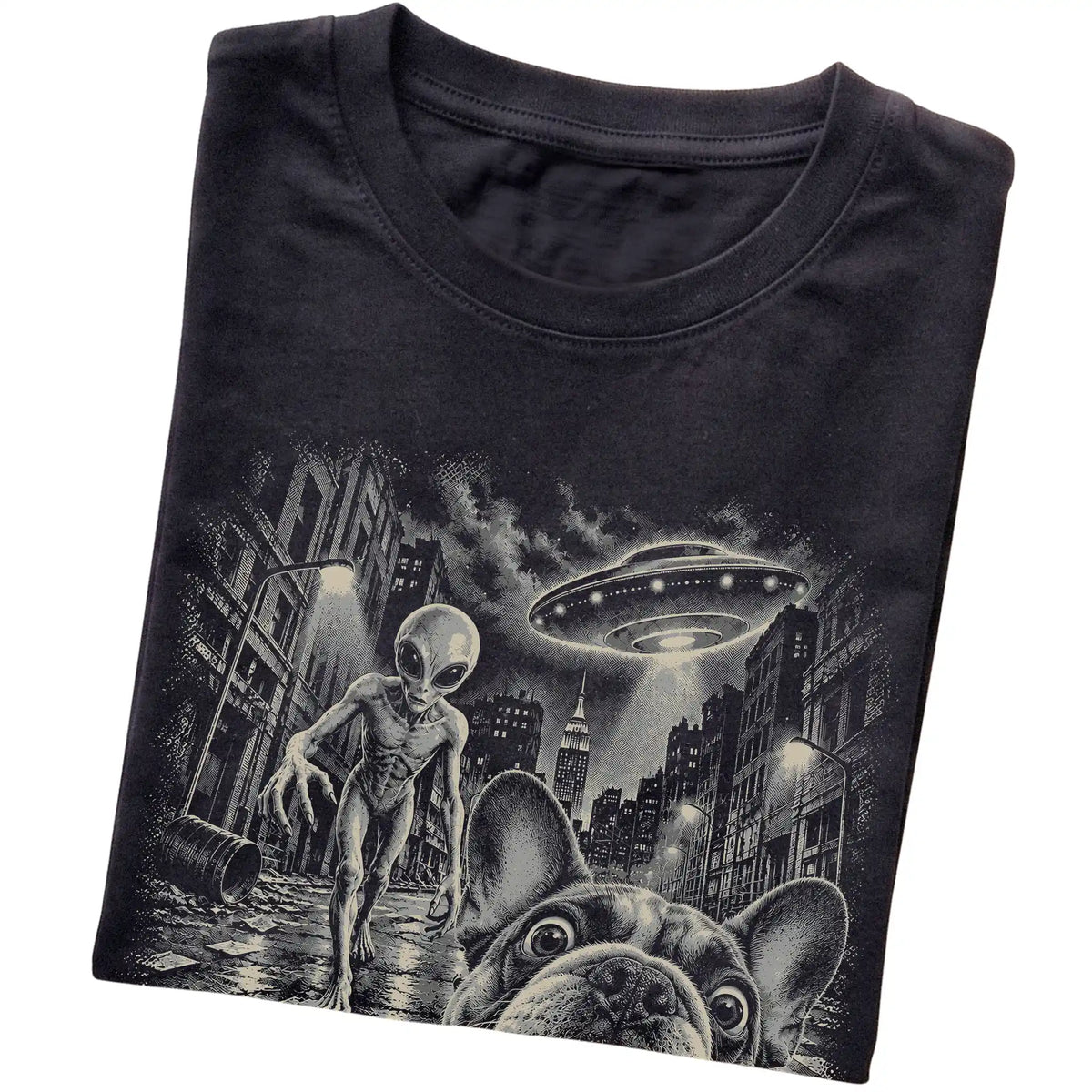 French Bulldog Alien Selfie Gildan Softstyle T-Shirt in Black, folded view