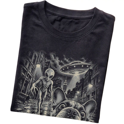 French Bulldog Alien Selfie Gildan Softstyle T-Shirt in Black, folded view