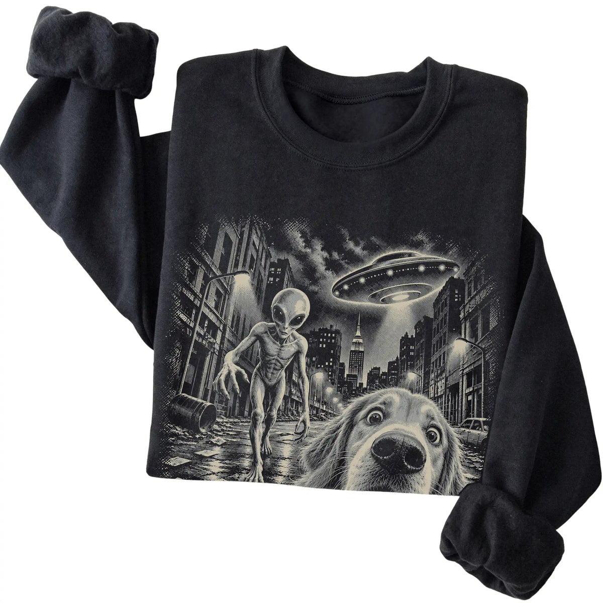 Golden Retriever Alien Selfie Gildan Crewneck Sweatshirt in Black, folded view