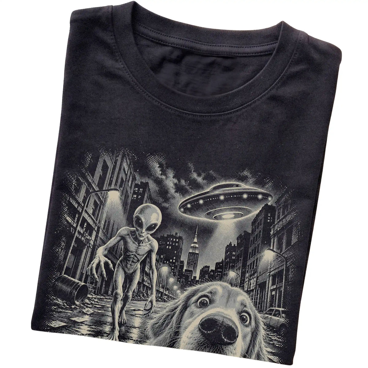 Golden Retriever Alien Selfie Gildan Softstyle T-Shirt in Black, folded view