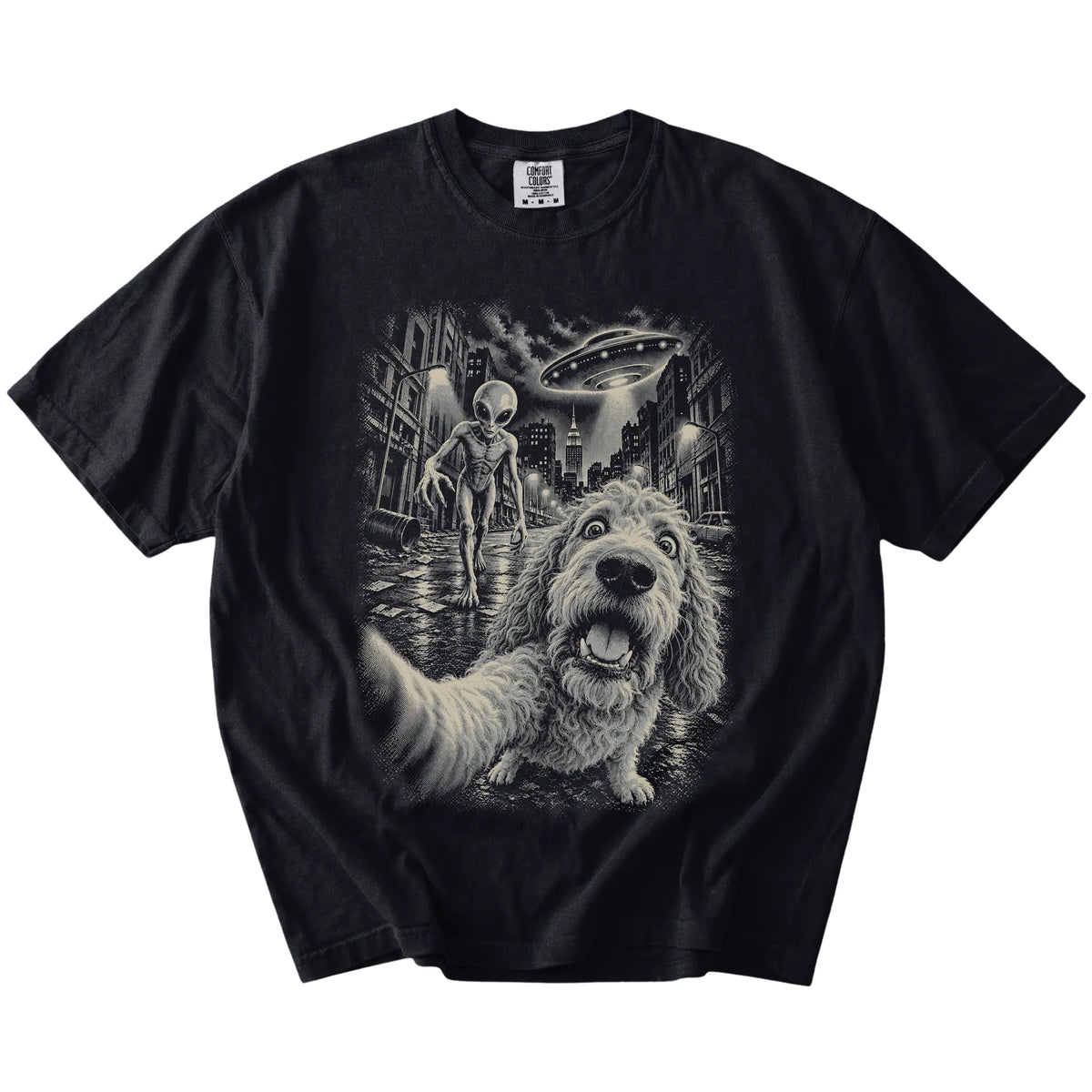 Goldendoodle Alien Selfie Comfort Colors T-Shirt in Black, flat view