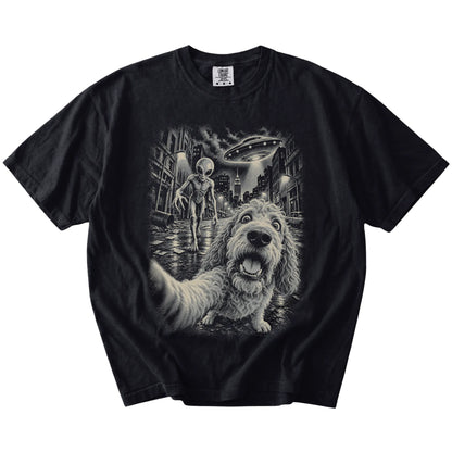 Goldendoodle Alien Selfie Comfort Colors T-Shirt in Black, flat view