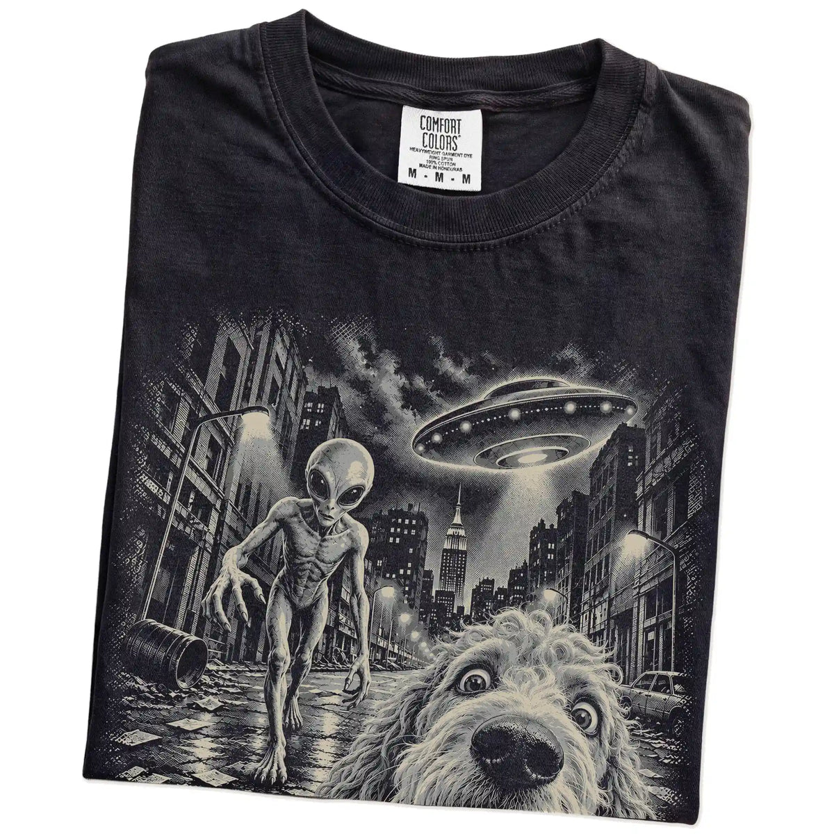 Goldendoodle Alien Selfie Comfort Colors T-Shirt in Black, folded view