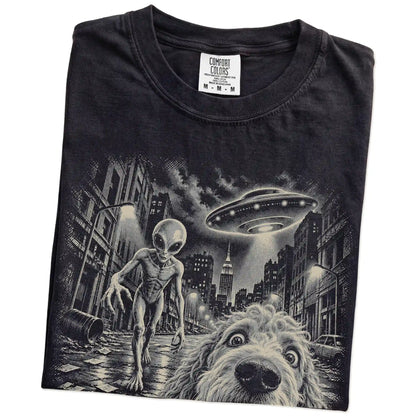 Goldendoodle Alien Selfie Comfort Colors T-Shirt in Black, folded view
