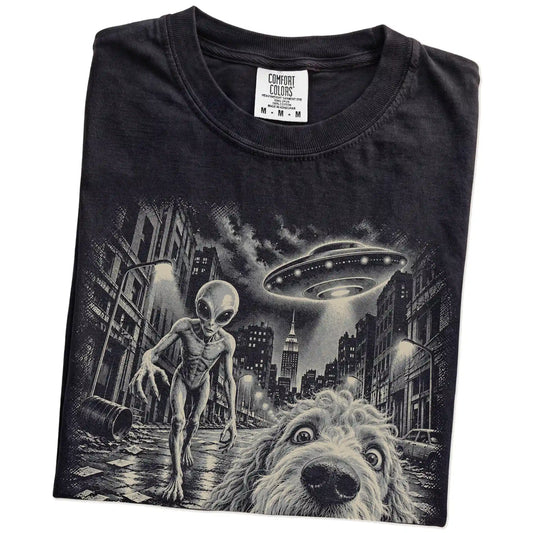 Goldendoodle Alien Selfie Comfort Colors T-Shirt in Black, folded view