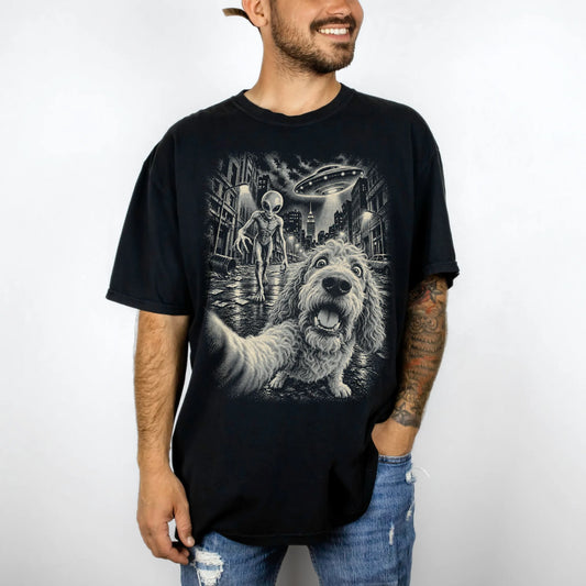 Goldendoodle Alien Selfie Comfort Colors T-Shirt in Black, modeled view