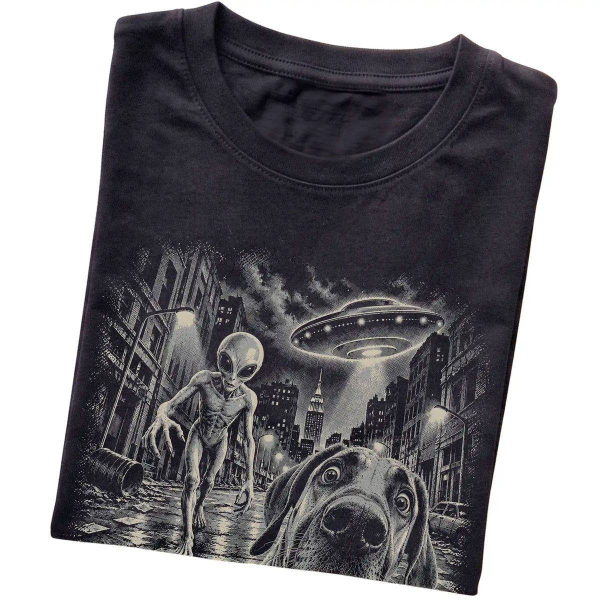Great Dane Alien Selfie Gildan Softstyle T-Shirt in Black, folded view