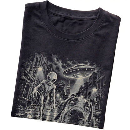 Great Dane Alien Selfie Gildan Softstyle T-Shirt in Black, folded view