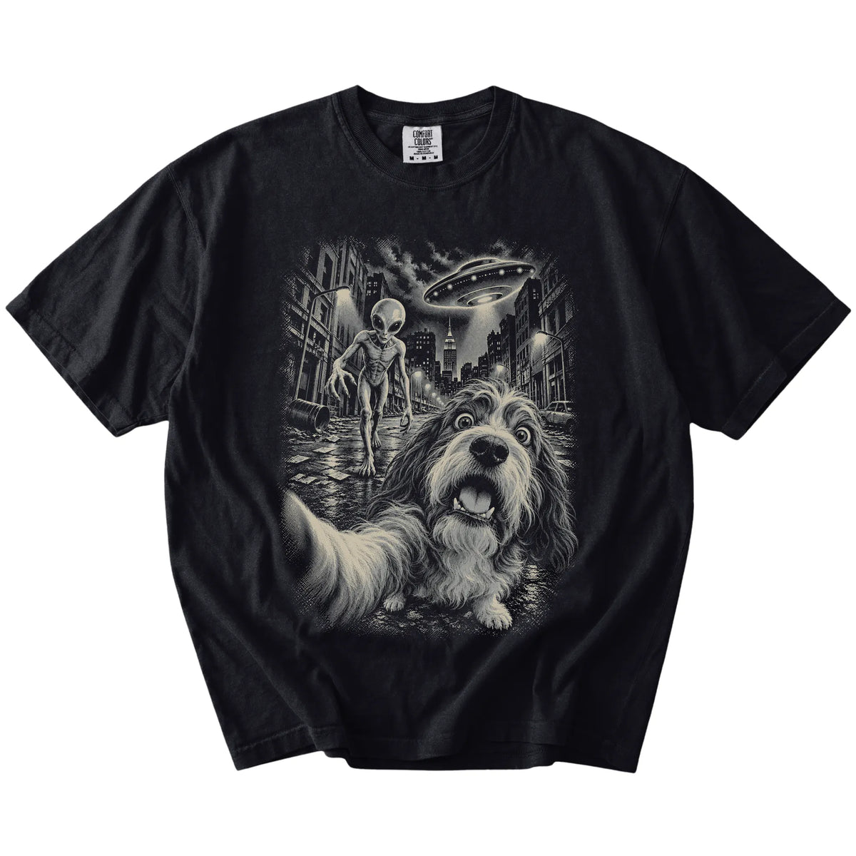 Havanese Alien Selfie Comfort Colors T-Shirt in Black, flat view