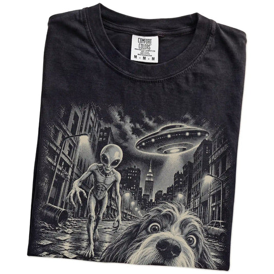 Havanese Alien Selfie Comfort Colors T-Shirt in Black, folded view