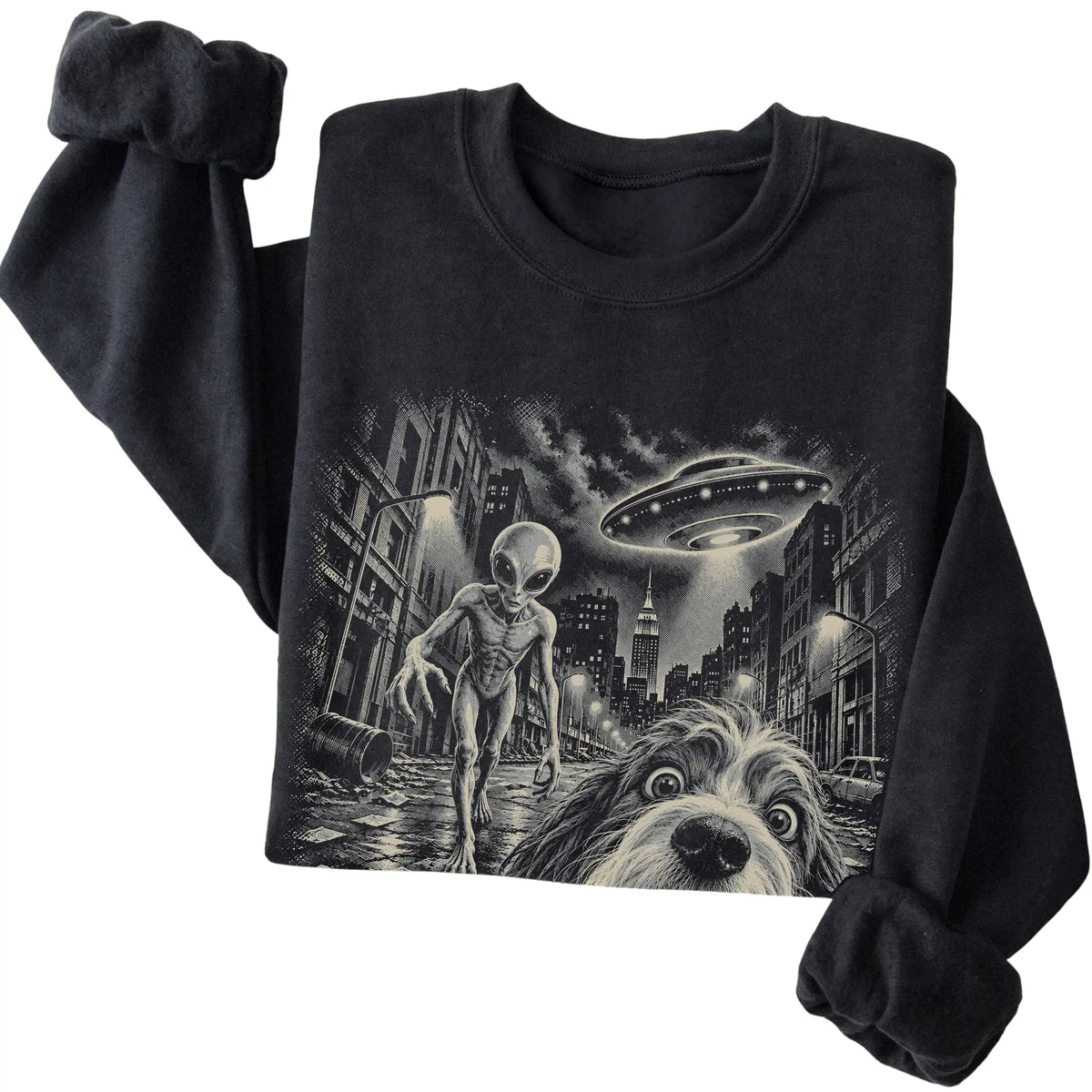 Havanese Alien Selfie Gildan Crewneck Sweatshirt in Black, folded view