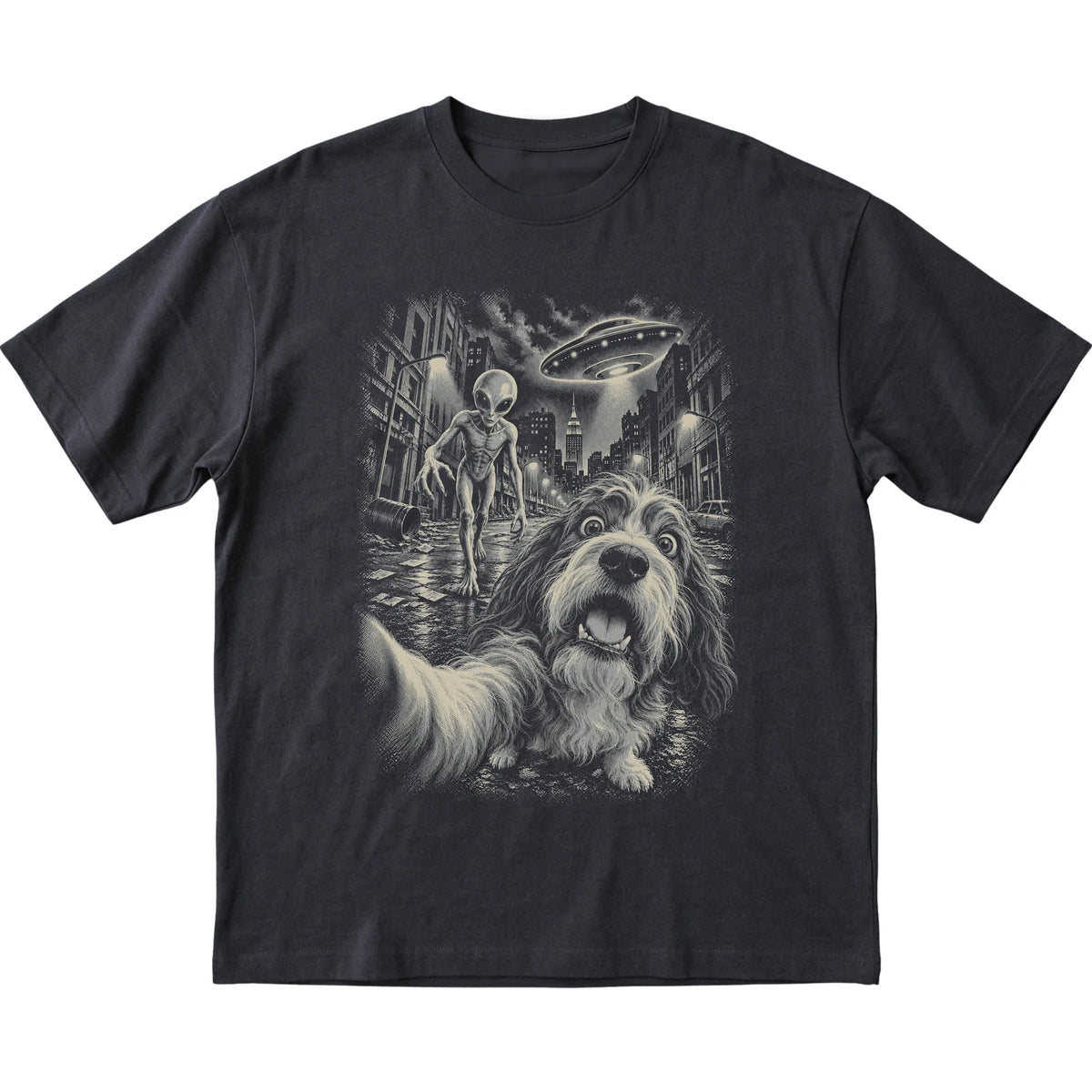Havanese Alien Selfie Gildan Softstyle T-Shirt in Black, flat view