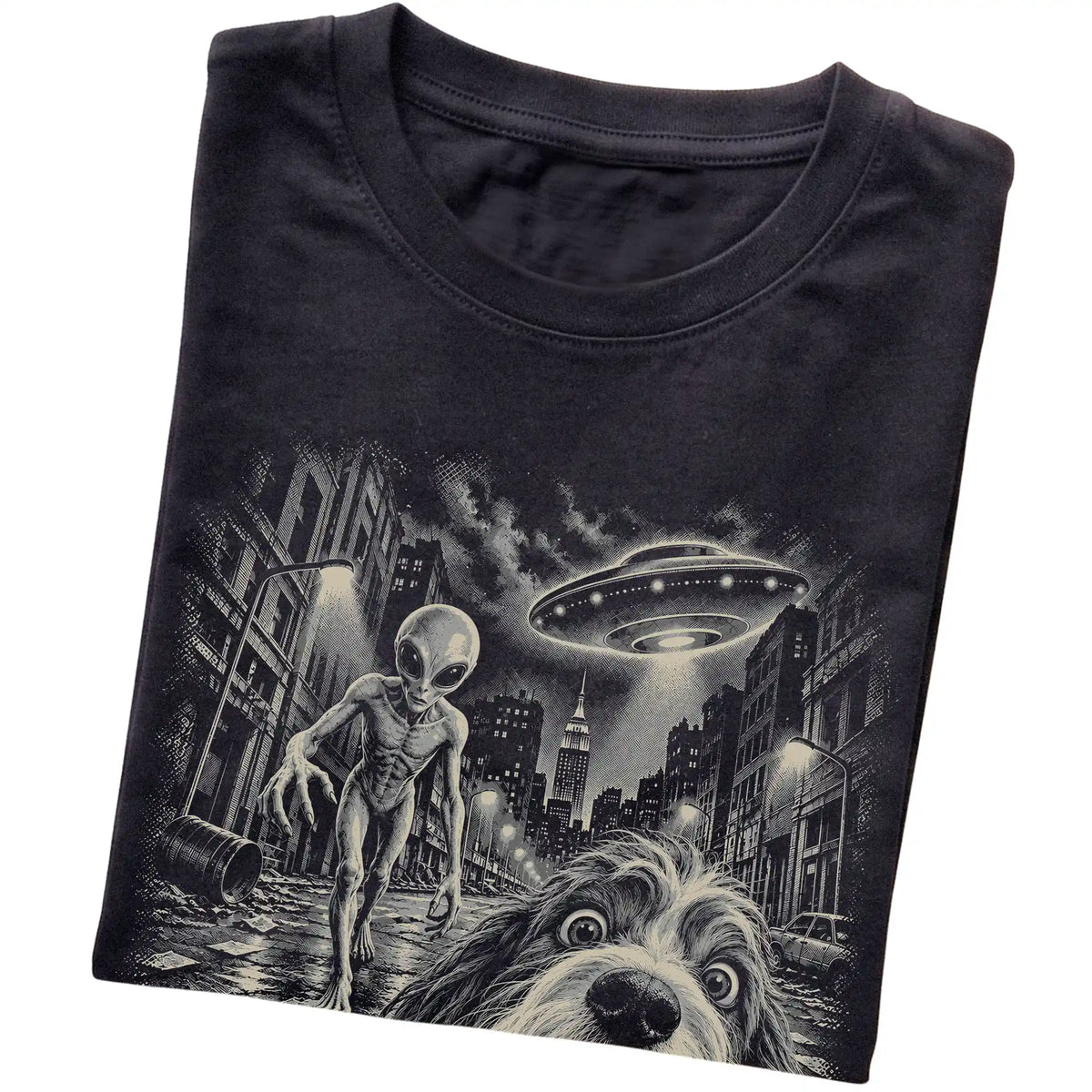 Havanese Alien Selfie Gildan Softstyle T-Shirt in Black, folded view
