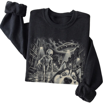 Husky Alien Selfie Gildan Crewneck Sweatshirt in Black, folded view