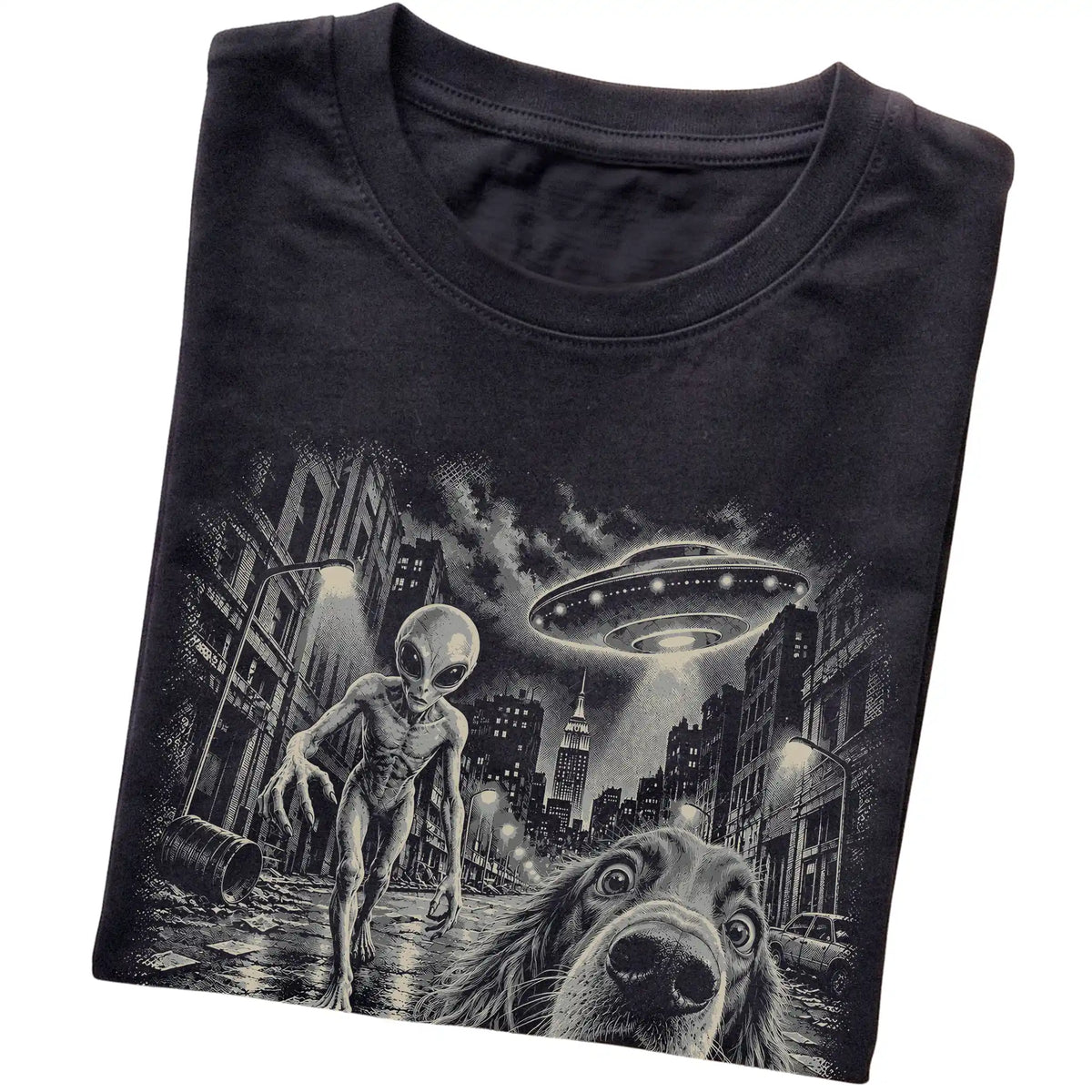 Irish Setter Alien Selfie Gildan Softstyle T-Shirt in Black, folded view