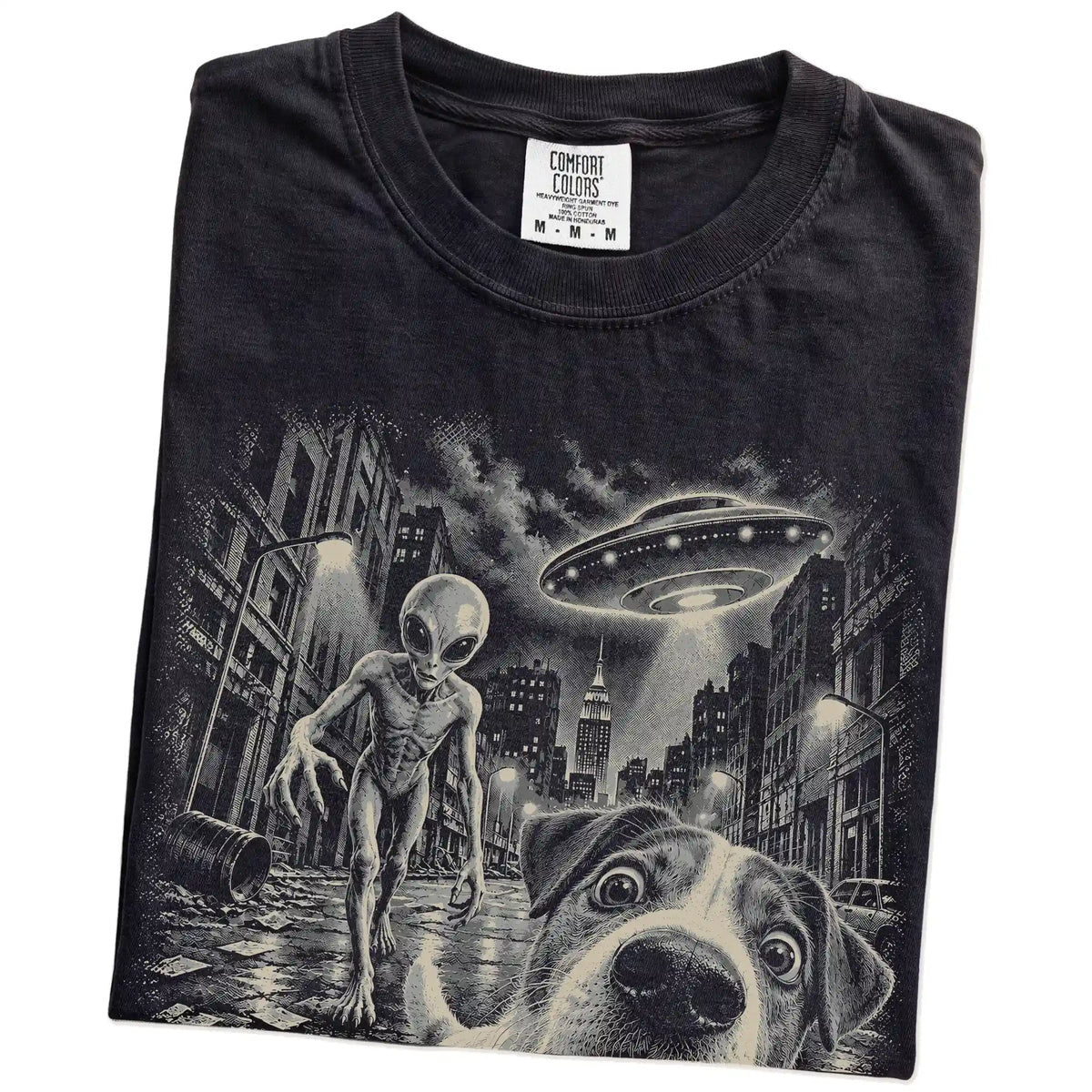 Jack Russell Alien Selfie Comfort Colors T-Shirt in Black, folded view