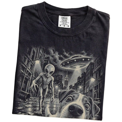 Jack Russell Alien Selfie Comfort Colors T-Shirt in Black, folded view