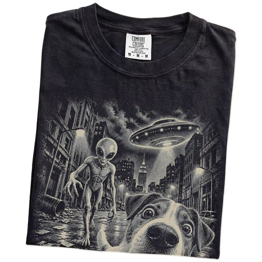 Jack Russell Alien Selfie Comfort Colors T-Shirt in Black, folded view