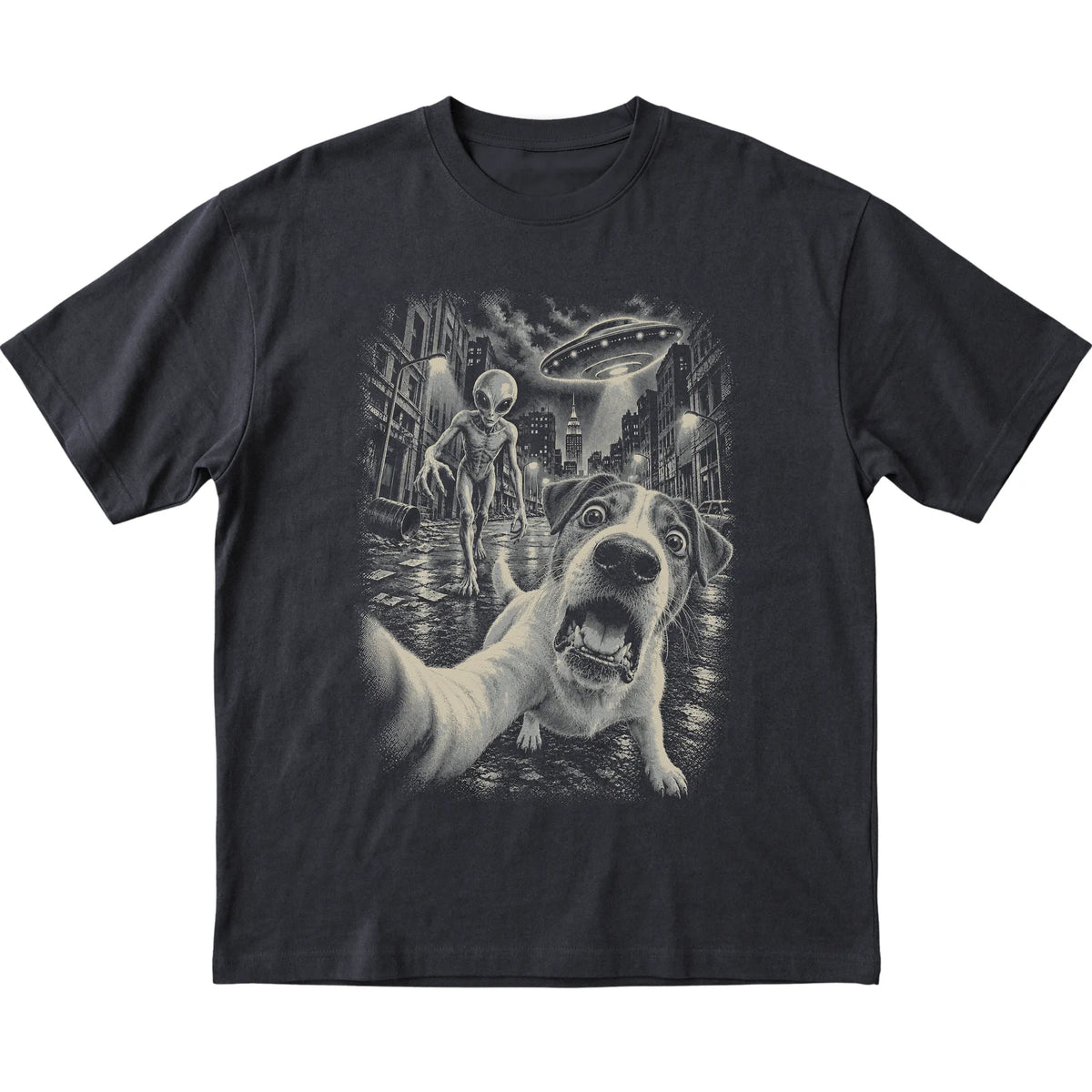 Jack Russell Alien Selfie Gildan Softstyle T-Shirt in Black, flat view