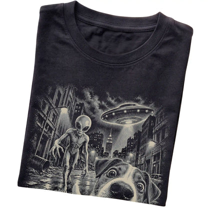 Jack Russell Alien Selfie Gildan Softstyle T-Shirt in Black, folded view