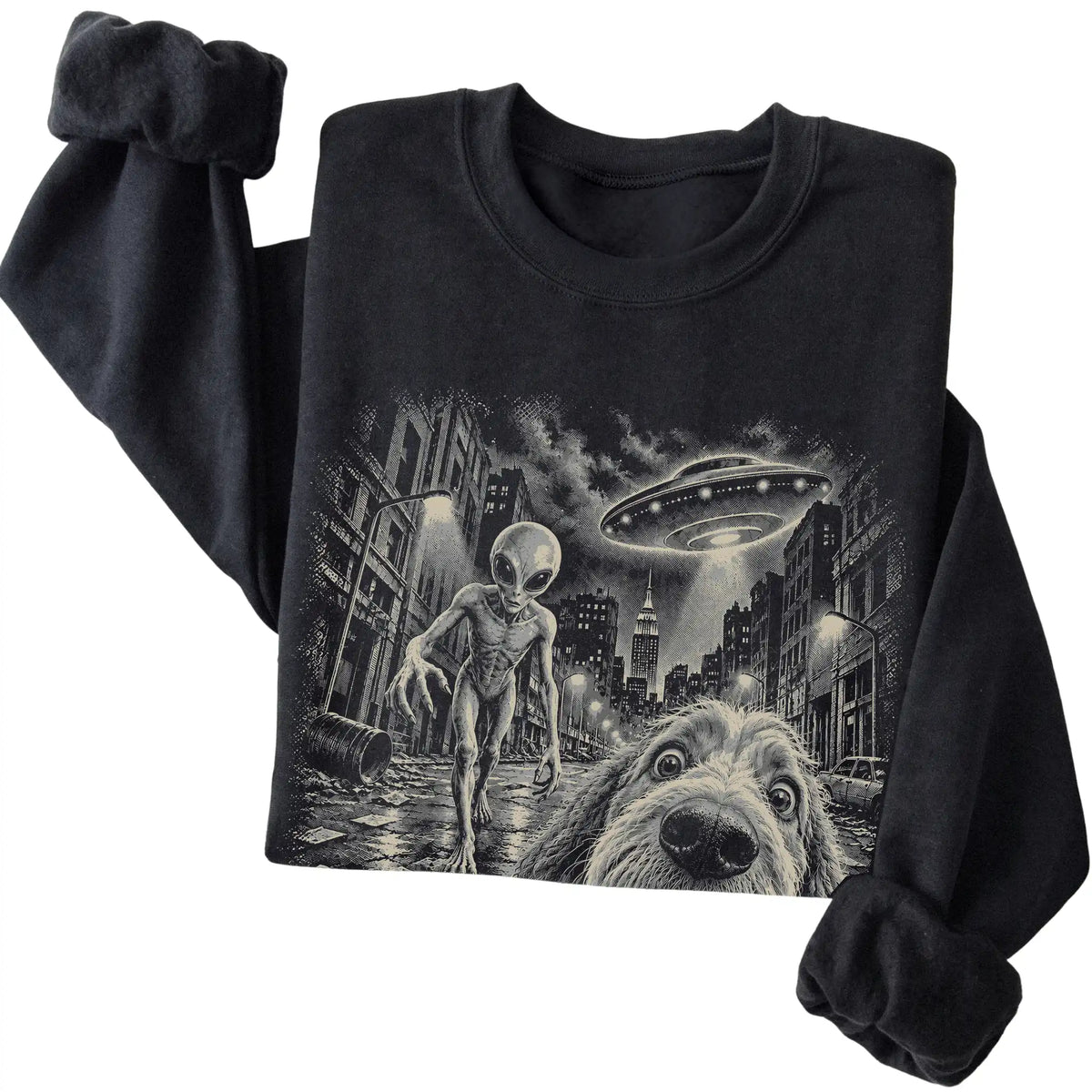 Labradoodle Alien Selfie Gildan Crewneck Sweatshirt in Black, folded view