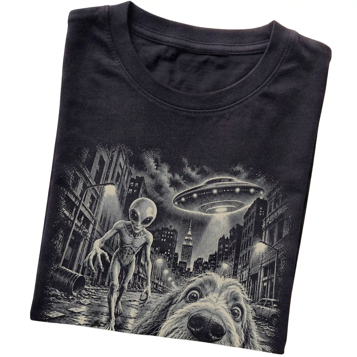Labradoodle Alien Selfie Gildan Softstyle T-Shirt in Black, folded view