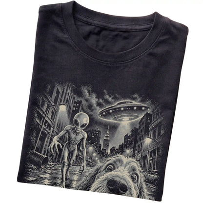 Labradoodle Alien Selfie Gildan Softstyle T-Shirt in Black, folded view