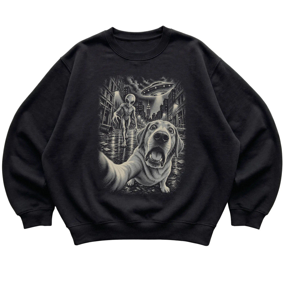 Labrador Retriever Alien Selfie Gildan Crewneck Sweatshirt in Black, flat view