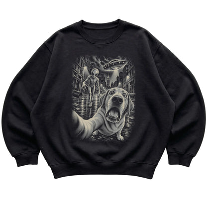 Labrador Retriever Alien Selfie Gildan Crewneck Sweatshirt in Black, flat view