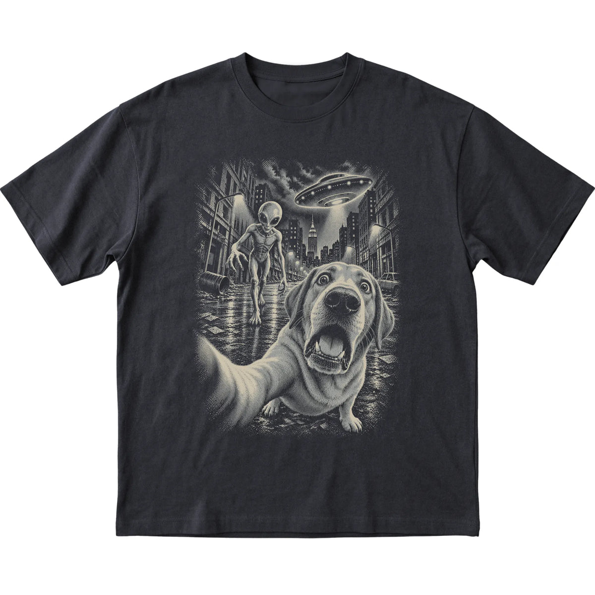 Labrador Retriever Alien Selfie Gildan Softstyle T-Shirt in Black, flat view