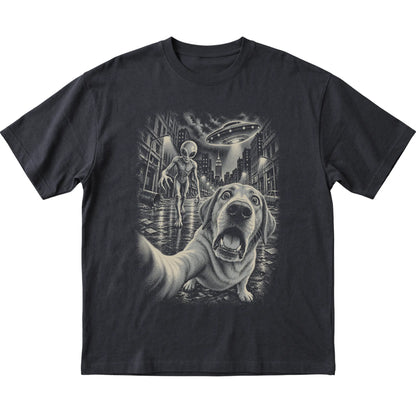 Labrador Retriever Alien Selfie Gildan Softstyle T-Shirt in Black, flat view