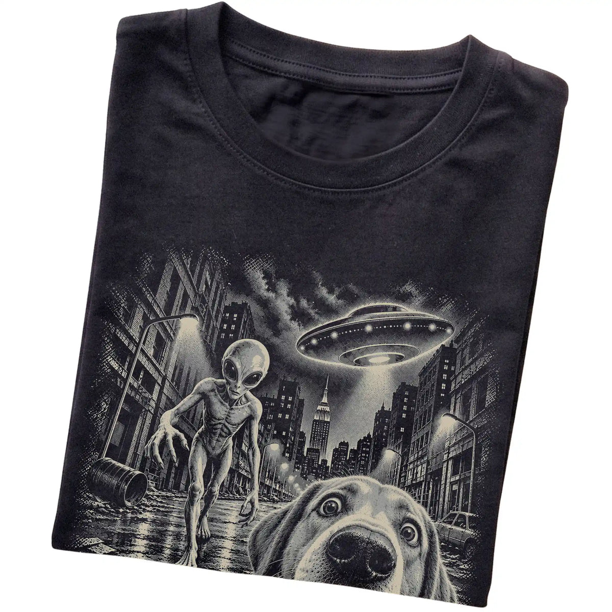 Labrador Retriever Alien Selfie Gildan Softstyle T-Shirt in Black, folded view