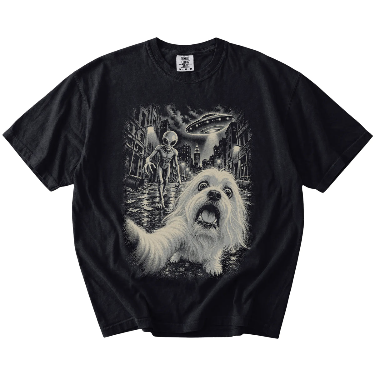 Maltese Alien Selfie Comfort Colors T-Shirt in Black, flat view