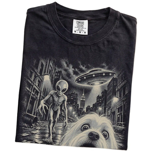 Maltese Alien Selfie Comfort Colors T-Shirt in Black, folded view