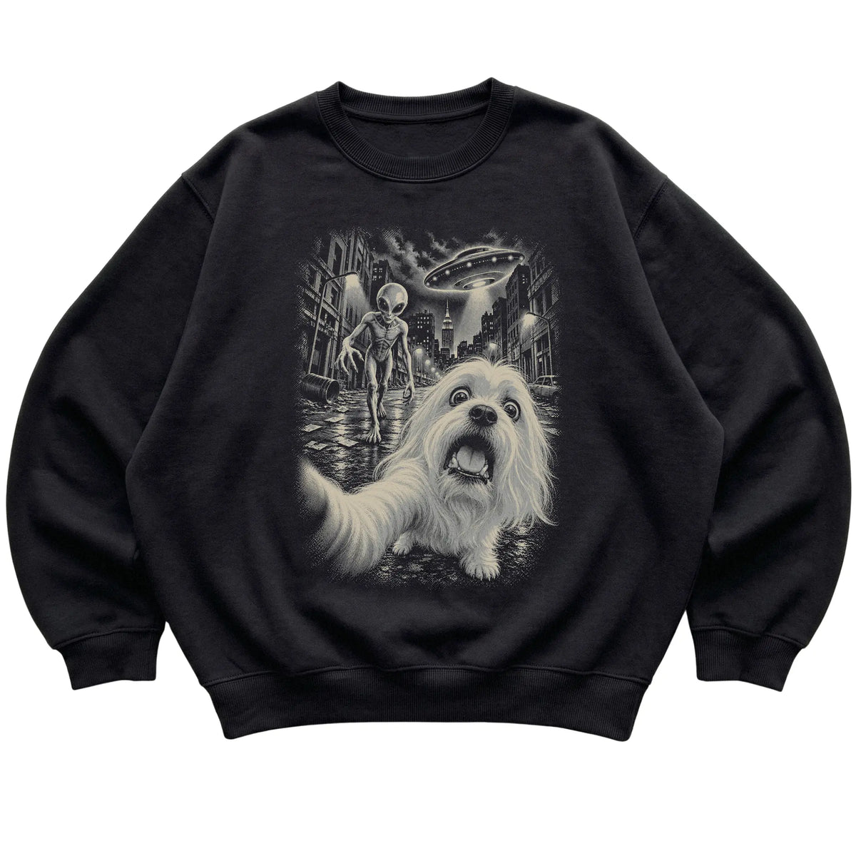 Maltese Alien Selfie Gildan Crewneck Sweatshirt in Black, flat view