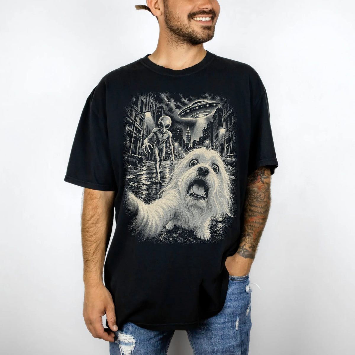 Maltese Alien Selfie Comfort Colors T-Shirt in Black, modeled view