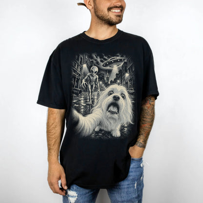 Maltese Alien Selfie Comfort Colors T-Shirt in Black, modeled view