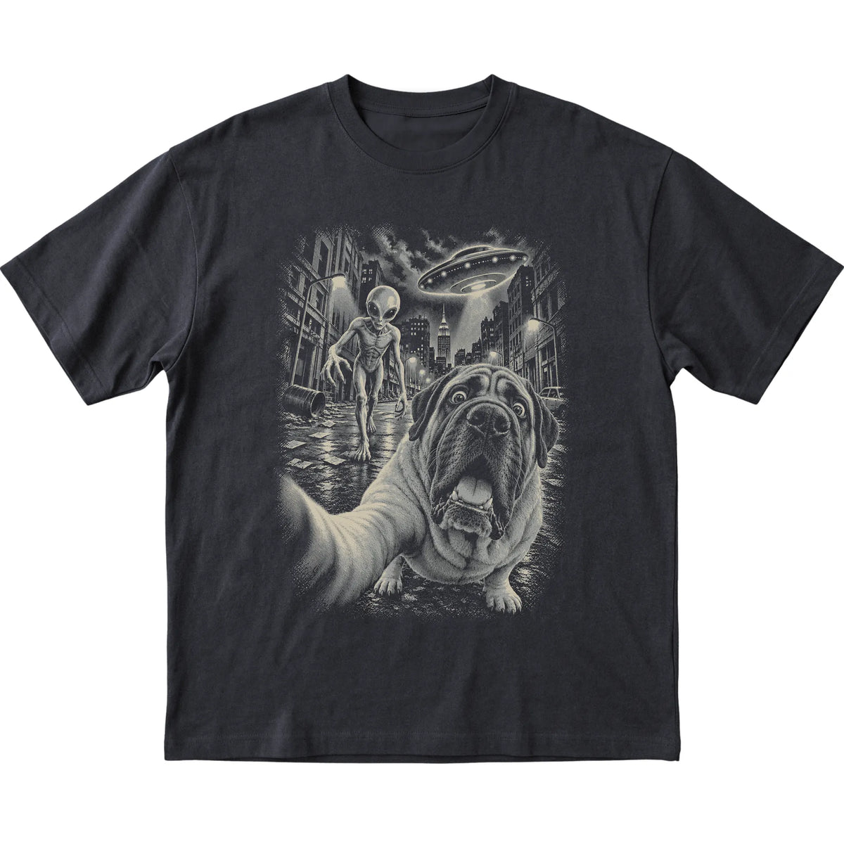 Mastiff Alien Selfie Gildan Softstyle T-Shirt in Black, flat view