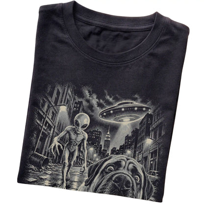 Mastiff Alien Selfie Gildan Softstyle T-Shirt in Black, folded view