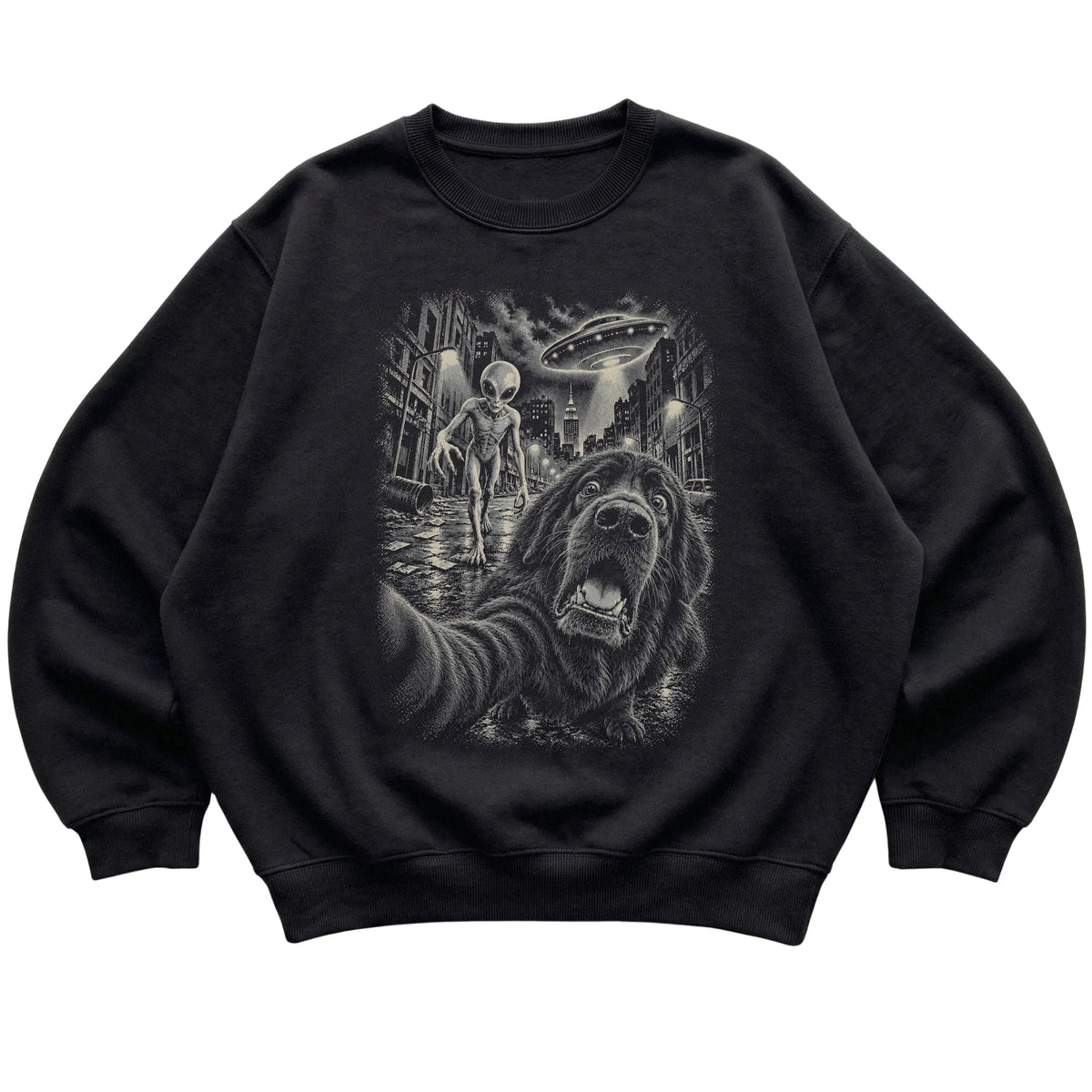 Newfie Alien Selfie Gildan Crewneck Sweatshirt in Black, flat view