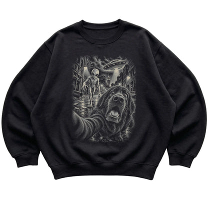 Newfie Alien Selfie Gildan Crewneck Sweatshirt in Black, flat view