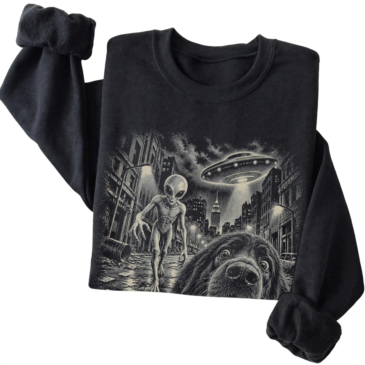 Newfie Alien Selfie Gildan Crewneck Sweatshirt in Black, folded view