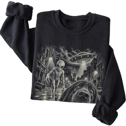 Newfie Alien Selfie Gildan Crewneck Sweatshirt in Black, folded view